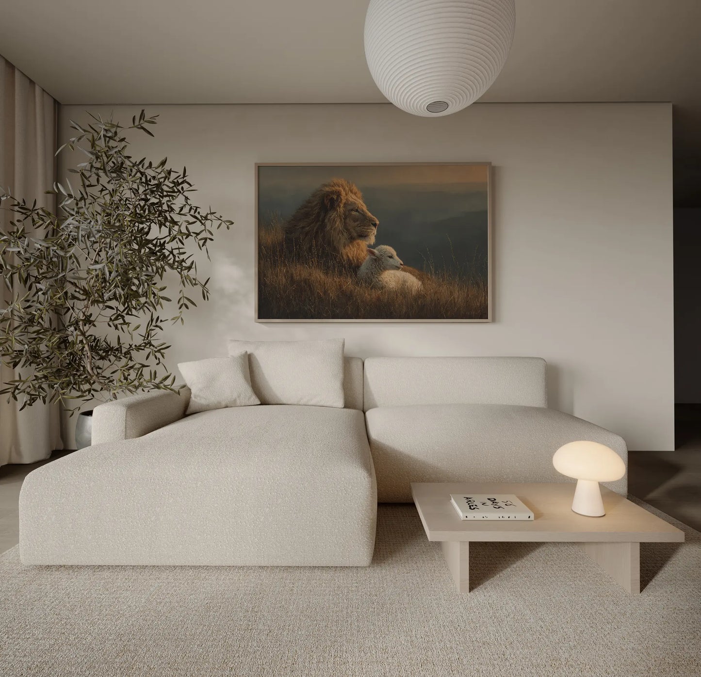 Lion and lamb golden hour biblical art print displayed above a sofa in a warm neutral living room – Christian home decor by JesusArtworks