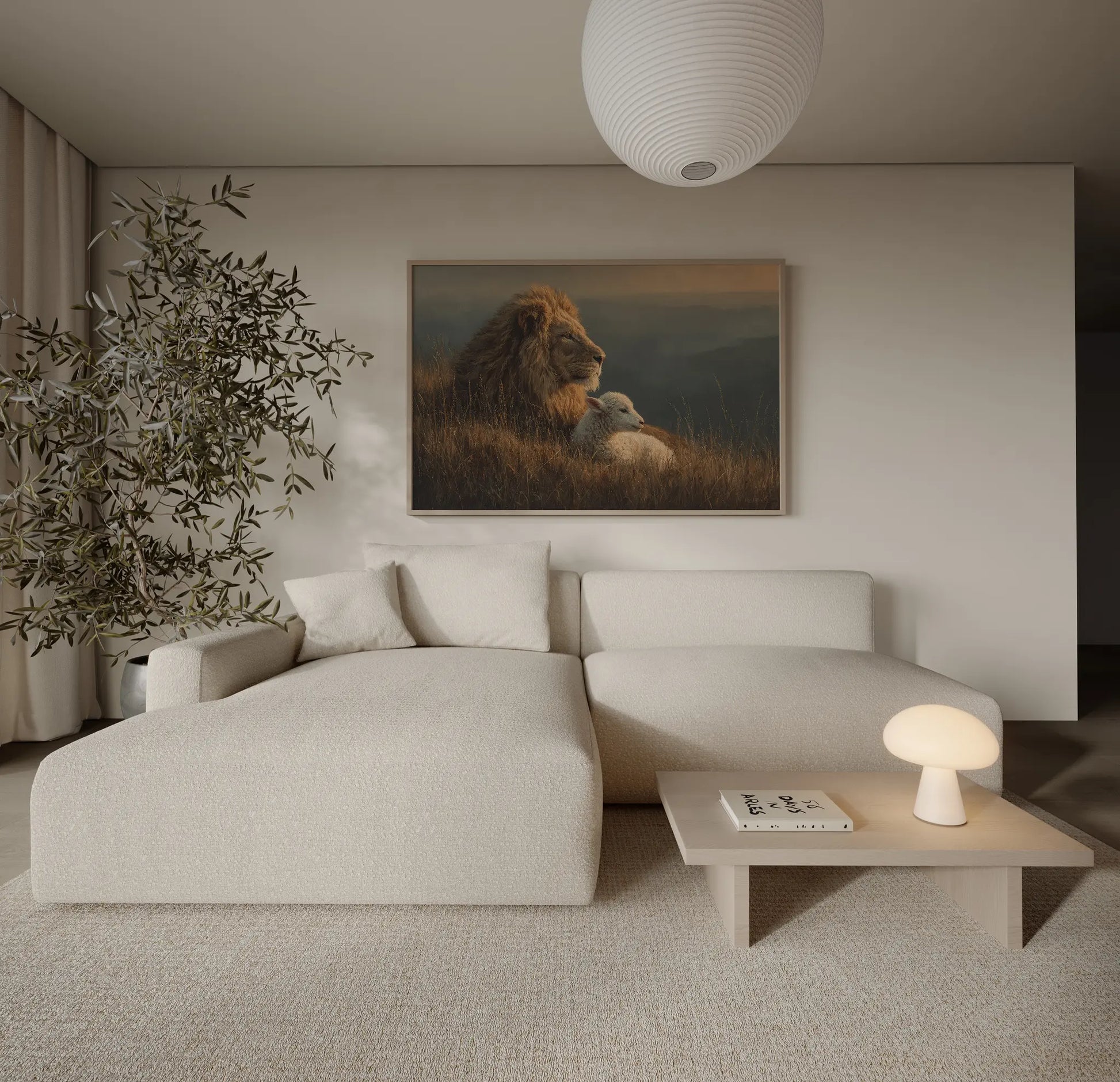 Lion and lamb golden hour biblical art print displayed above a sofa in a warm neutral living room – Christian home decor by JesusArtworks