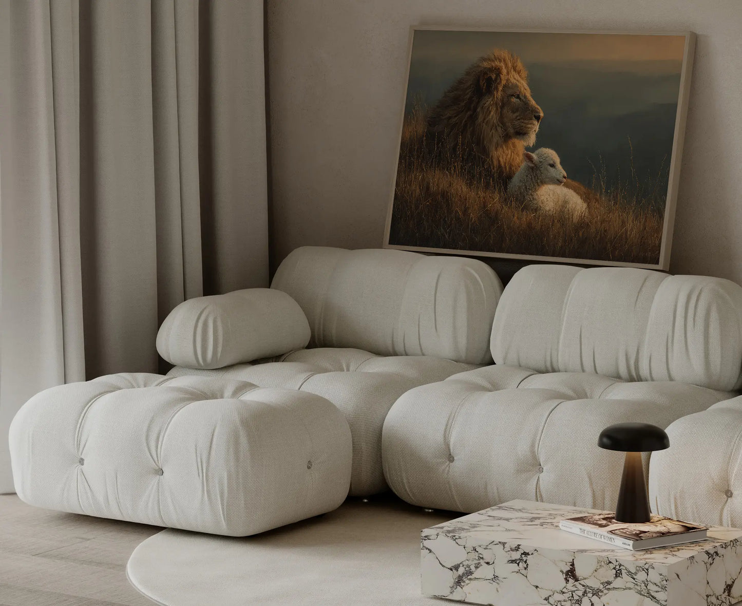 The Lion and the Lamb dusk vigil framed oil painting print leaning against a neutral wall in a modern Christian home – biblical wall art