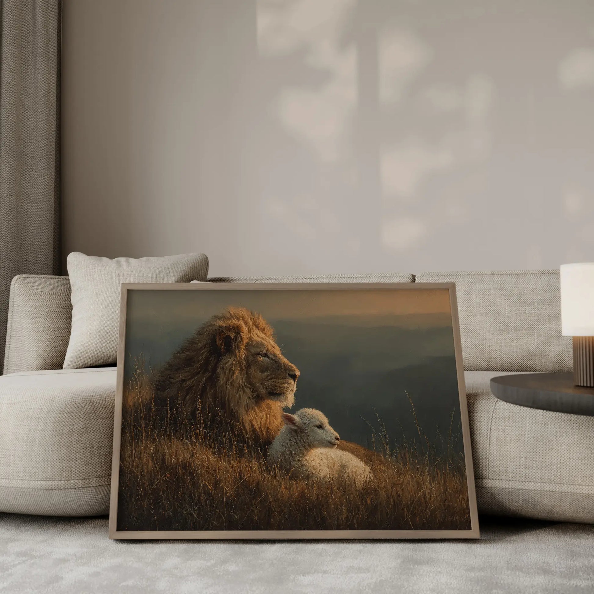 The Lion and the Lamb at dusk oil painting – majestic lion in profile with white lamb resting in golden grass, misty mountain backdrop, Christian wall art by JesusArtworks