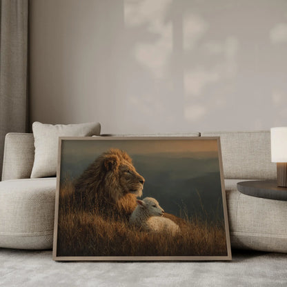 The Lion and the Lamb at dusk oil painting – majestic lion in profile with white lamb resting in golden grass, misty mountain backdrop, Christian wall art by JesusArtworks