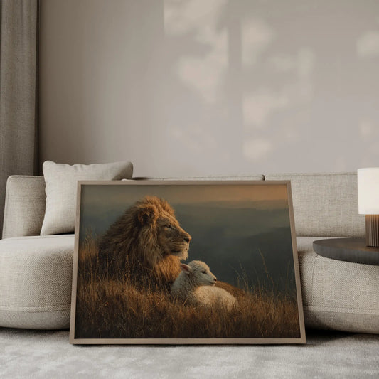 The Lion and the Lamb at dusk oil painting – majestic lion in profile with white lamb resting in golden grass, misty mountain backdrop, Christian wall art by JesusArtworks