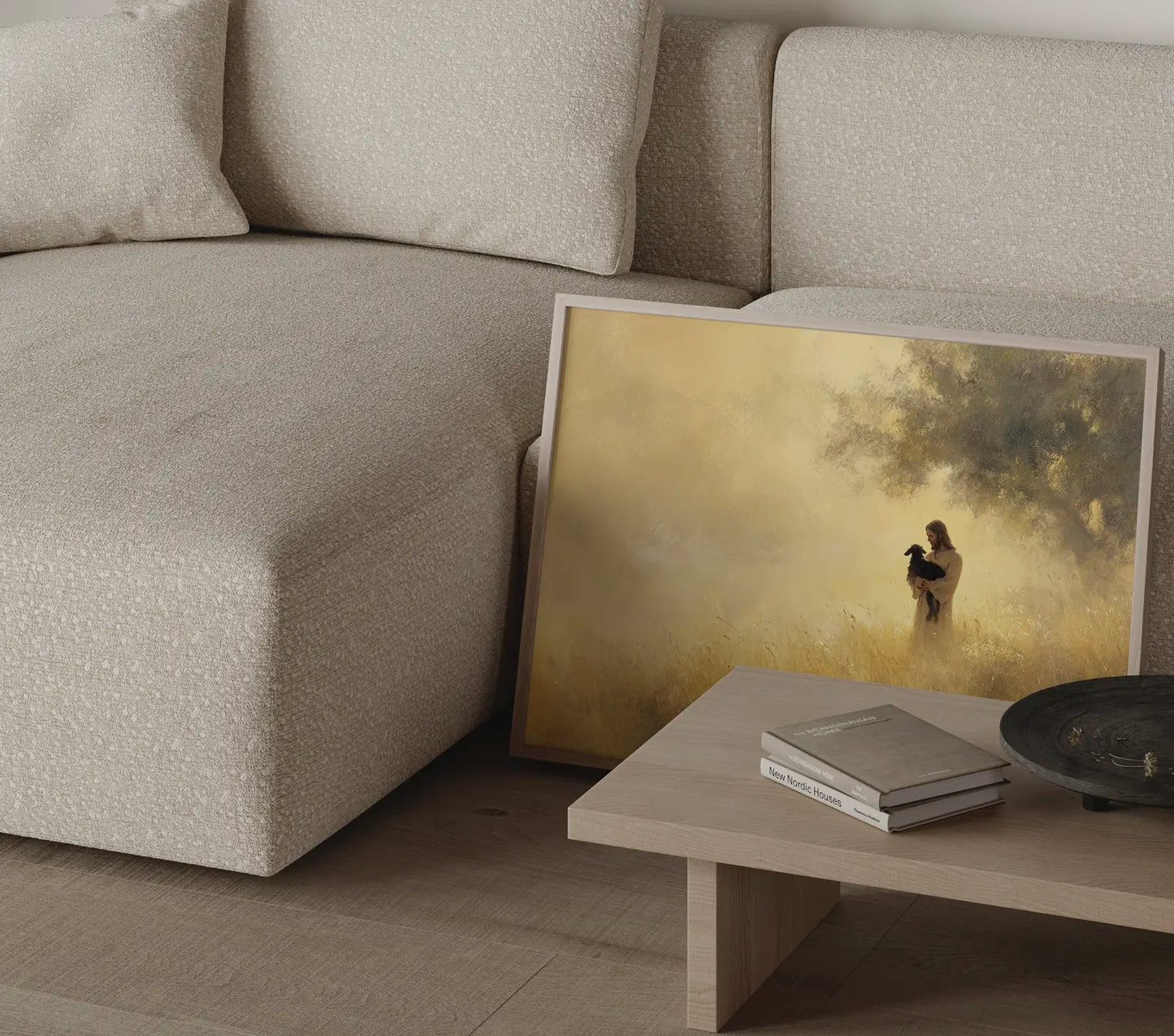 Lost lamb Christian wall art print of Jesus holding a black sheep in a thin frame in a modern neutral living room – JesusArtworks