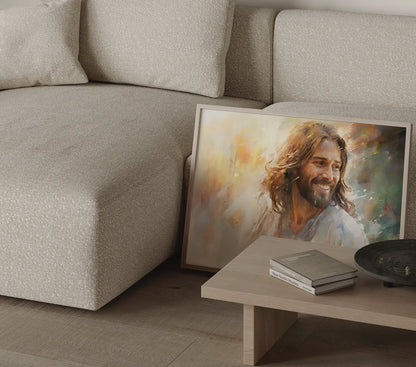 Peaceful religious artwork of Christ bathed in golden light, wide format print
