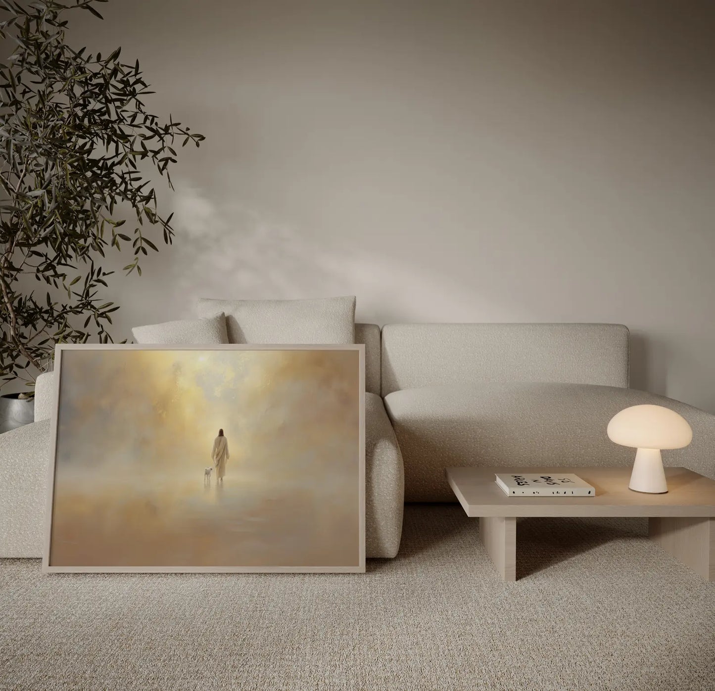 Large framed Jesus art print on wall, size comparison guide for The Lost Sheep collection