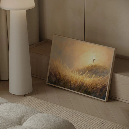 The Finished Work framed Christian art print of a cross on a golden hillside at sunrise displayed as modern Easter wall decor