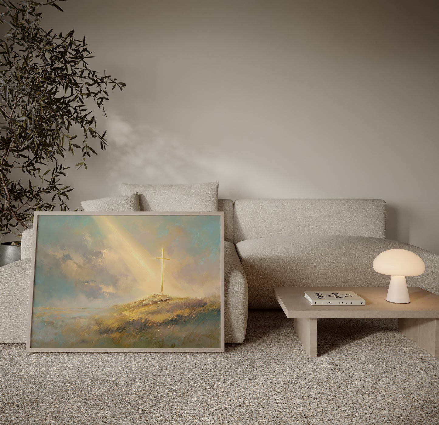 Minimalist modern painting of a Christian cross on a hill, featuring muted warm tones, soft impressionist textures, and serene ethereal glow.