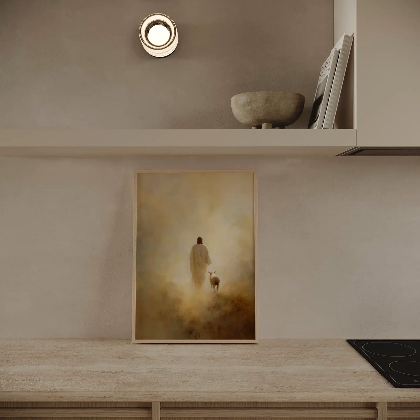 Religious art piece displayed as a focal point in a dining room.