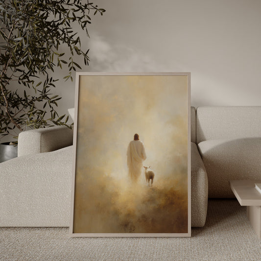 Modern minimalist christian art print of Jesus walking with a lamb in soft gold tones