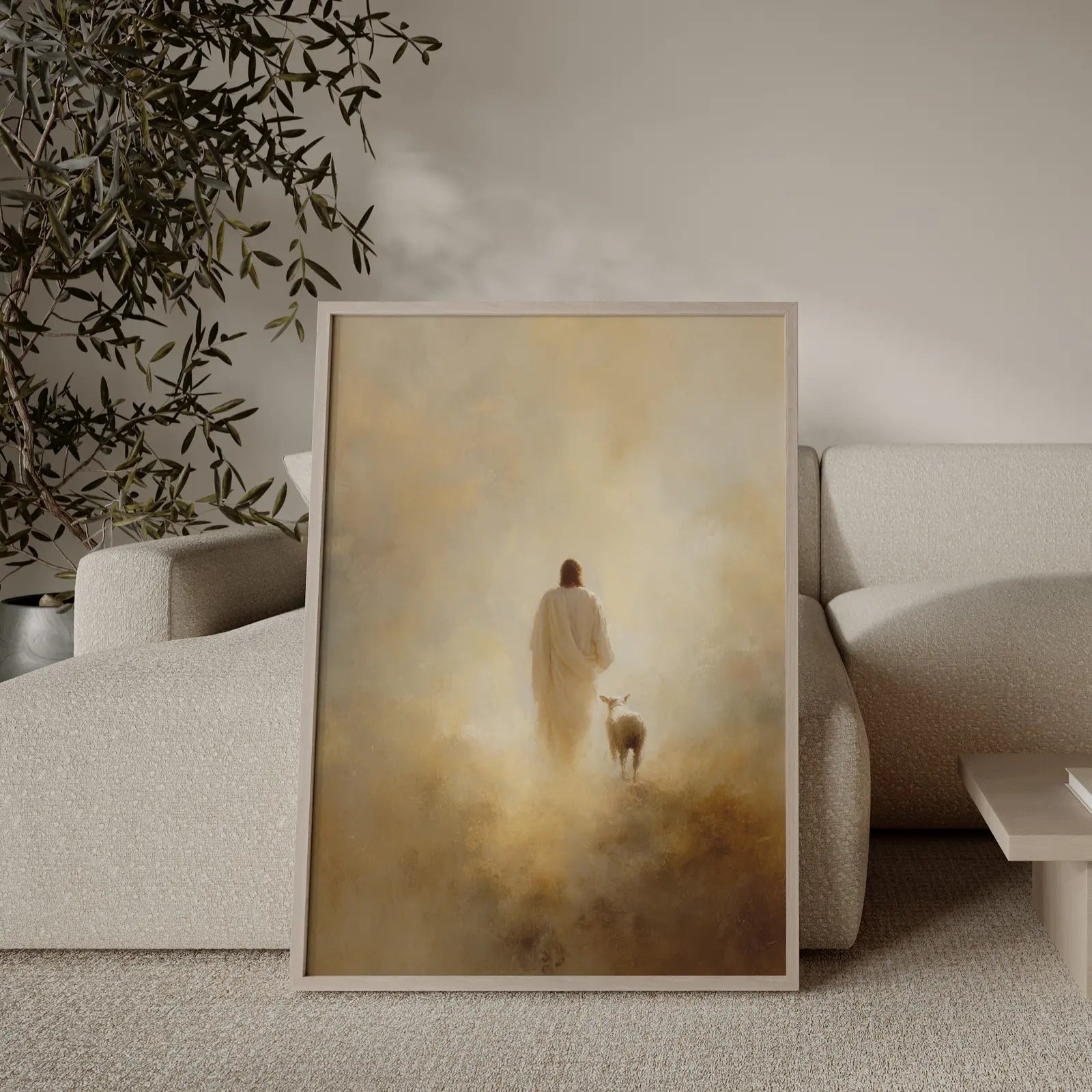 Jesus leaving the 99 to find the one lost lamb, modern christian art print