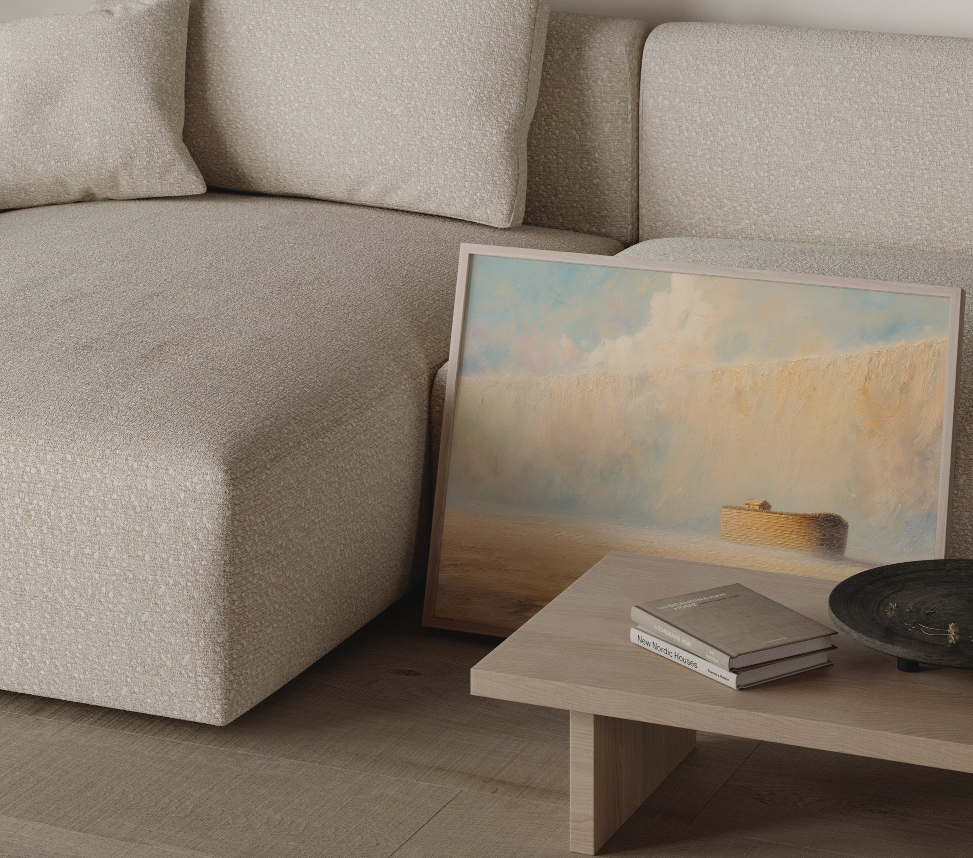 Minimalist Noah's Ark wall art print in a thin frame leaning against a sofa in a modern neutral interior – JesusArtworks
