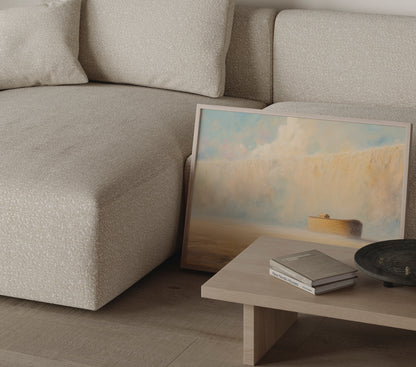 Minimalist Noah's Ark wall art print in a thin frame leaning against a sofa in a modern neutral interior – JesusArtworks
