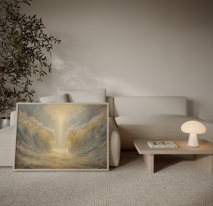 Modern painting of Moses parting the Red Sea miracle, impressionist brushwork, soft tonal palette, and ethereal spiritual light emphasizing divine presence.