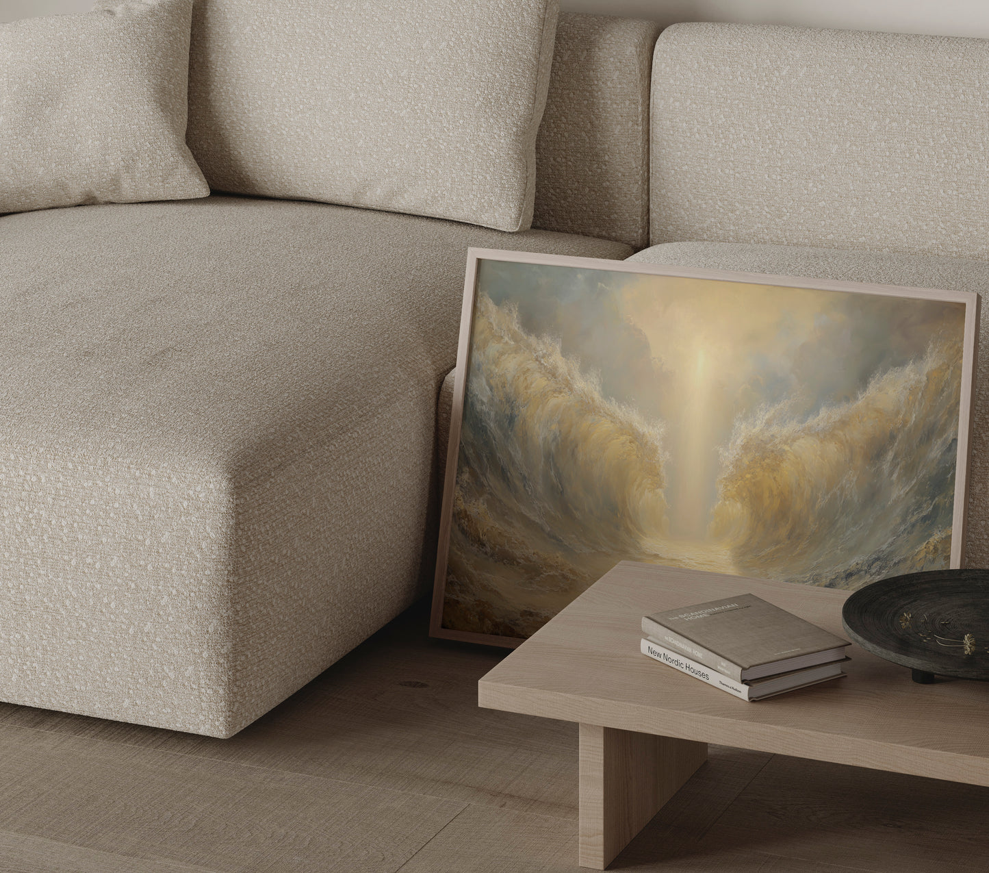 Modern impressionist Christian painting of Moses performing the Red Sea miracle, with soft textures, warm tonal palette, and luminous ethereal light.