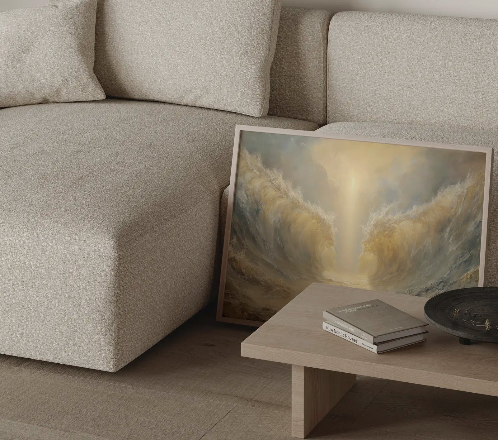Red Sea miracle biblical scene with warm amber tones for Christian living room – JesusArtworks