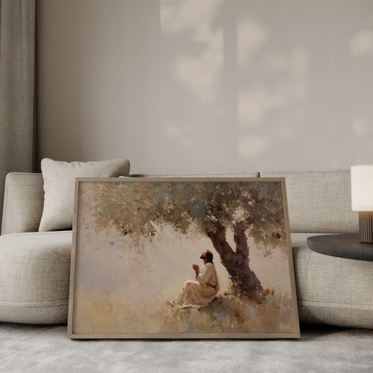 Contemporary christian wall art of Jesus praying under an olive tree in soft earthy tones, perfect for religious home decor