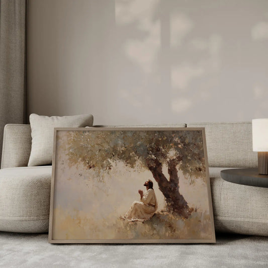 Jesus praying under a golden tree wall art print displayed in modern living room – The Quiet Prayer by JesusArtworks