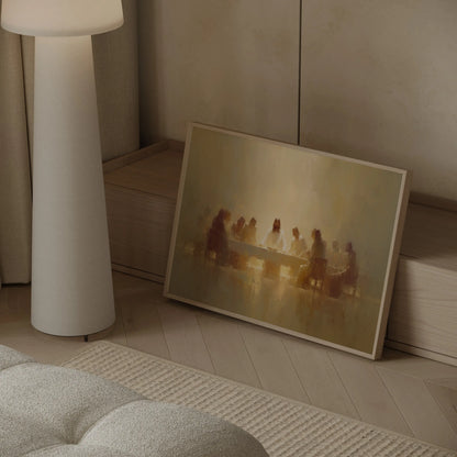 Modern impressionist Last Supper art print with Jesus and disciples, styled in a contemporary Scandinavian living room