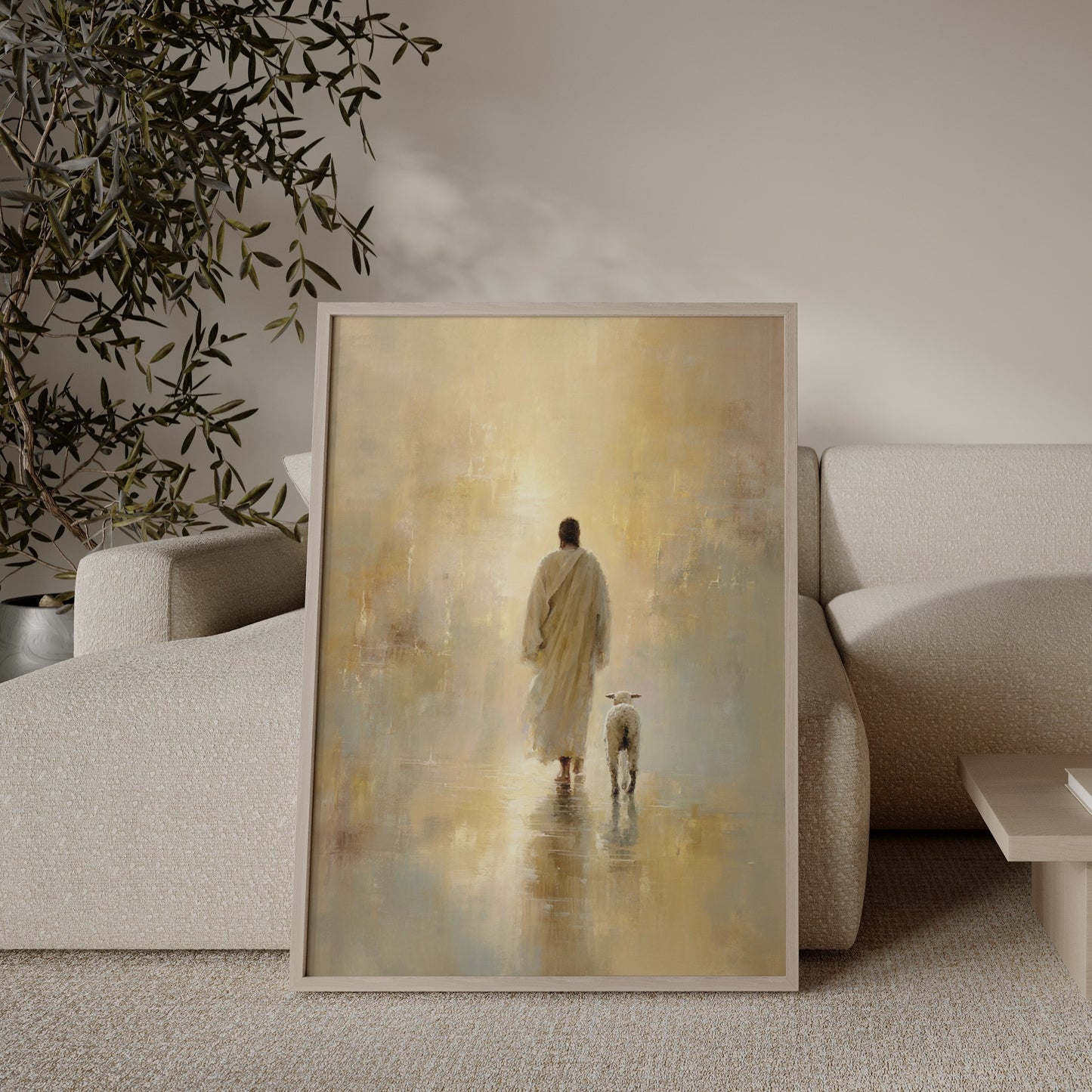 Modern minimalist christian art print of Jesus with a lamb for home decor