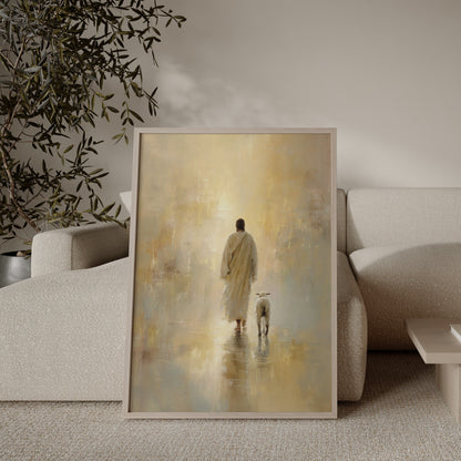 Modern minimalist christian art print of Jesus with a lamb for home decor
