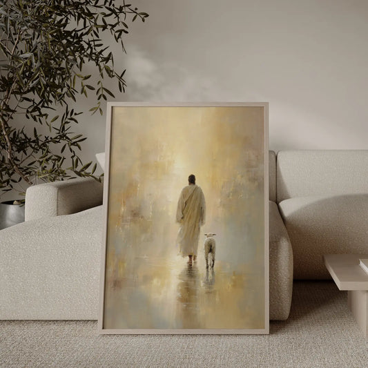 Golden light art print of Jesus leaving the 99 to save the lost sheep, titled The Shepherd's Light