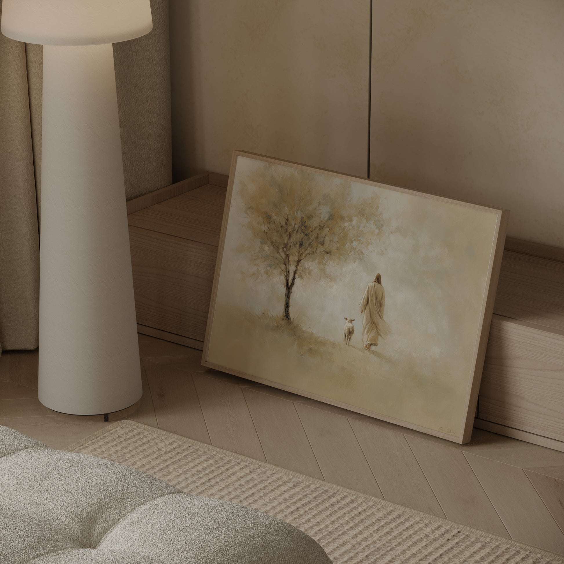 Modern impressionist painting of Jesus walking away from the 99 sheep to seek the lost one, with warm neutral colors and ethereal glowing light.