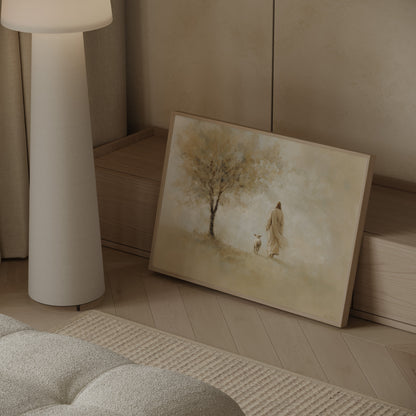 Modern impressionist painting of Jesus walking away from the 99 sheep to seek the lost one, with warm neutral colors and ethereal glowing light.