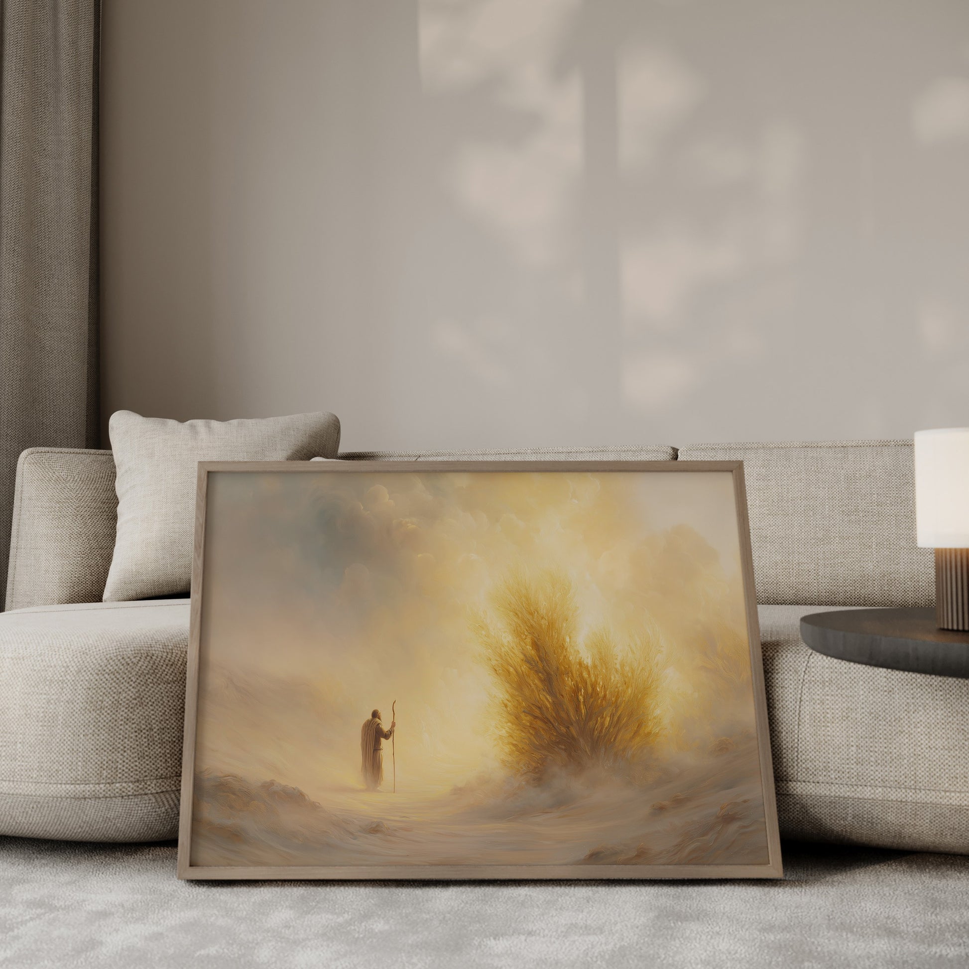 Ethereal spiritual painting of Moses and the burning bush, with warm ochres, creams, and soft impressionist textures creating a serene sacred atmosphere.