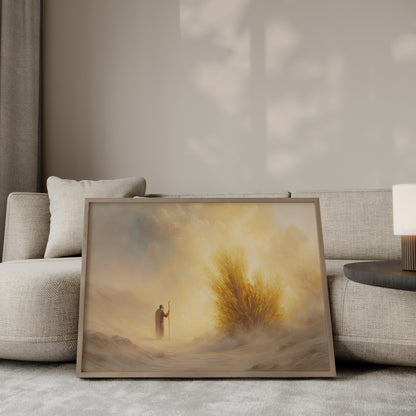 Ethereal spiritual painting of Moses and the burning bush, with warm ochres, creams, and soft impressionist textures creating a serene sacred atmosphere.