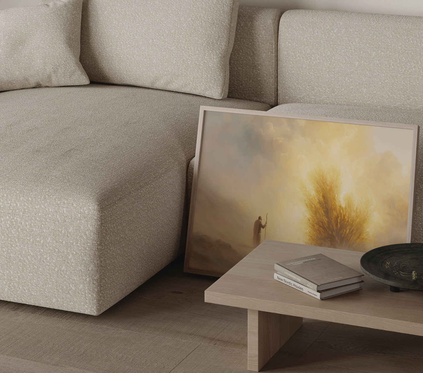 Tonalist modern painting of Moses and the burning bush, with soft-focus brushwork, harmonious muted colors, and serene divine glow.