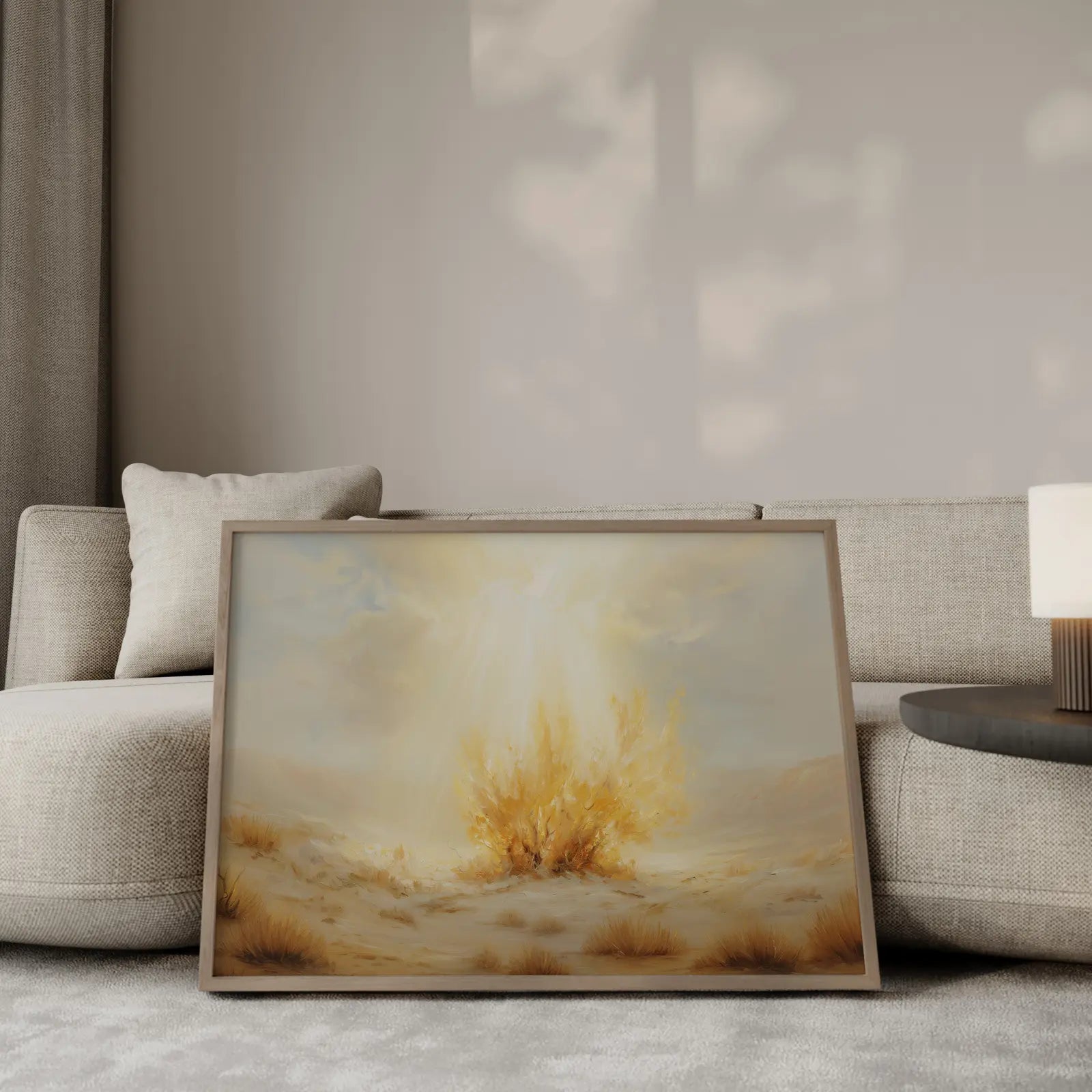The Burning Bush Moses wall art with golden flames in minimalist living room – JesusArtworks