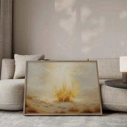 The Burning Bush Moses wall art with golden flames in minimalist living room – JesusArtworks