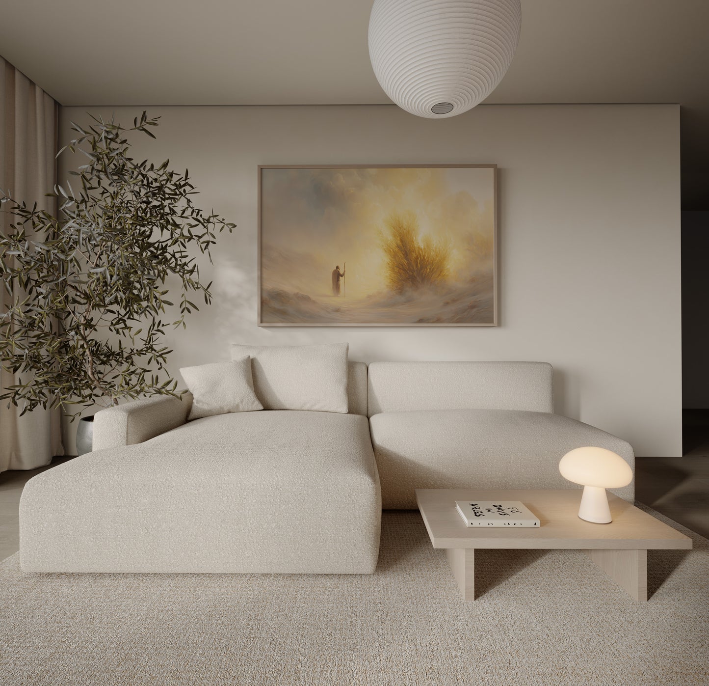 Minimalist modern Christian painting of Moses and the burning bush, using muted tonal colors, soft brushstrokes, and a glowing divine presence.