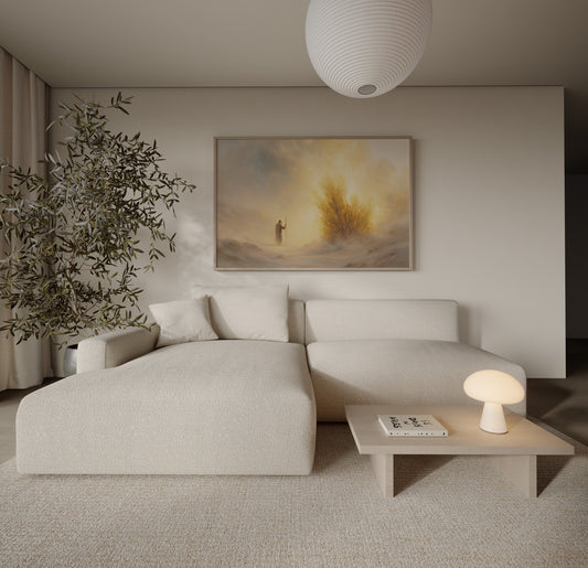 Minimalist modern Christian painting of Moses and the burning bush, using muted tonal colors, soft brushstrokes, and a glowing divine presence.