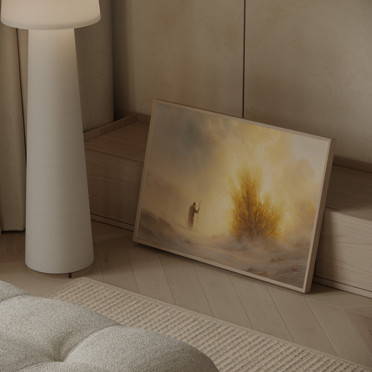 Modern Christian painting of Moses encountering the burning bush, featuring soft-focus impressionist brushwork, muted tonal palette, and ethereal spiritual light.