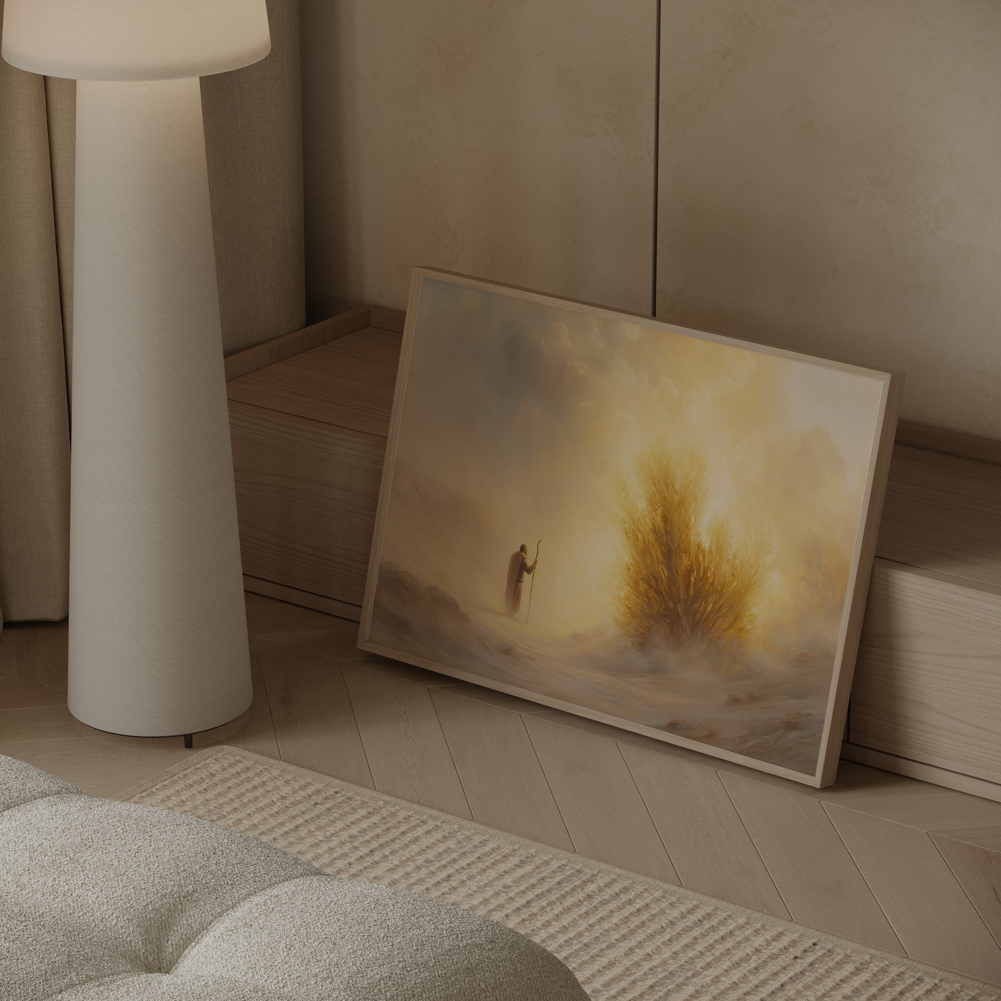 Modern Christian painting of Moses encountering the burning bush, featuring soft-focus impressionist brushwork, muted tonal palette, and ethereal spiritual light.