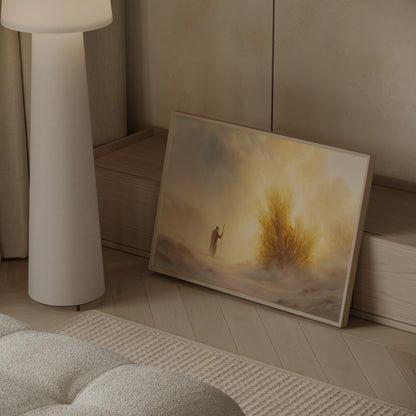 Modern Christian painting of Moses encountering the burning bush, featuring soft-focus impressionist brushwork, muted tonal palette, and ethereal spiritual light.