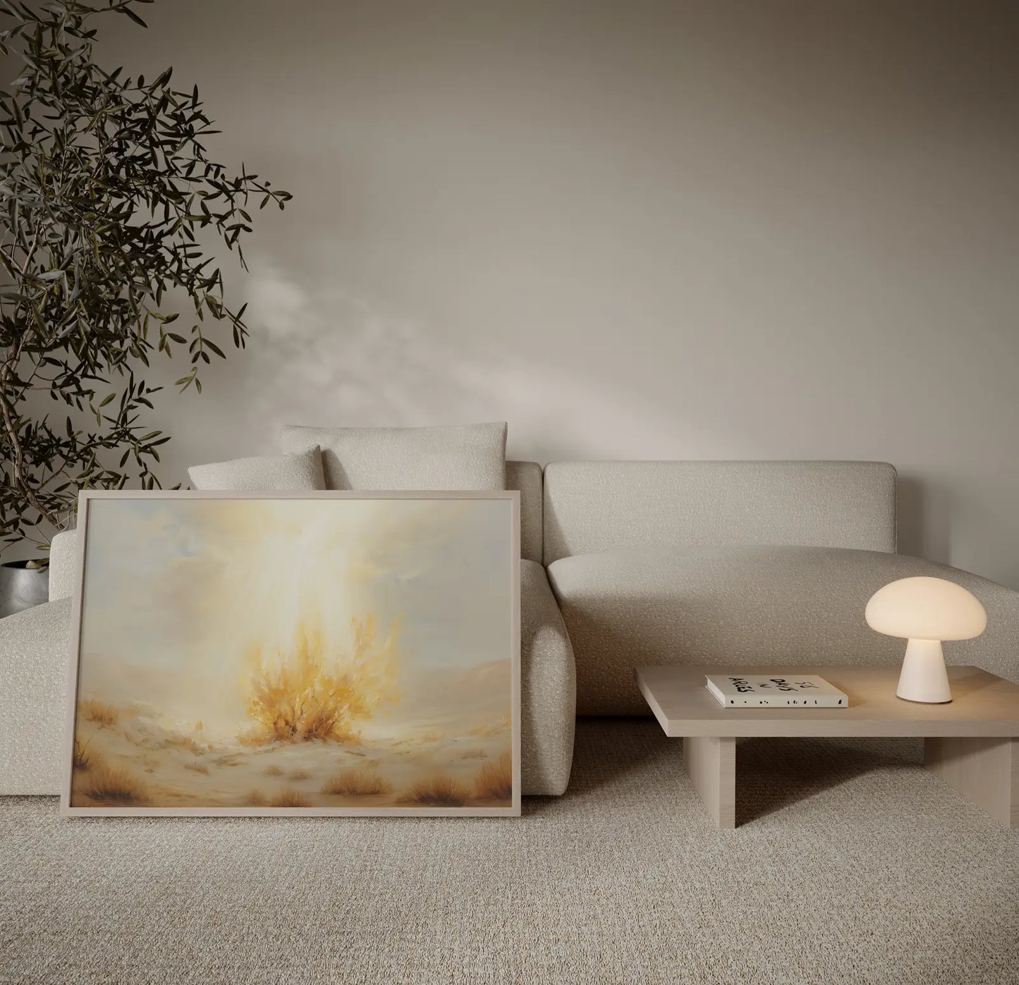 Biblical burning bush Exodus scene with warm desert tones and sacred fire in modern living room – JesusArtworks