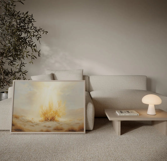 Biblical burning bush Exodus scene with warm desert tones and sacred fire in modern living room – JesusArtworks