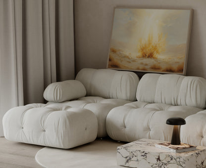 Sacred minimalist painting of the burning bush, with muted ochres and creams, soft impressionist brushstrokes, and calm, ethereal light.