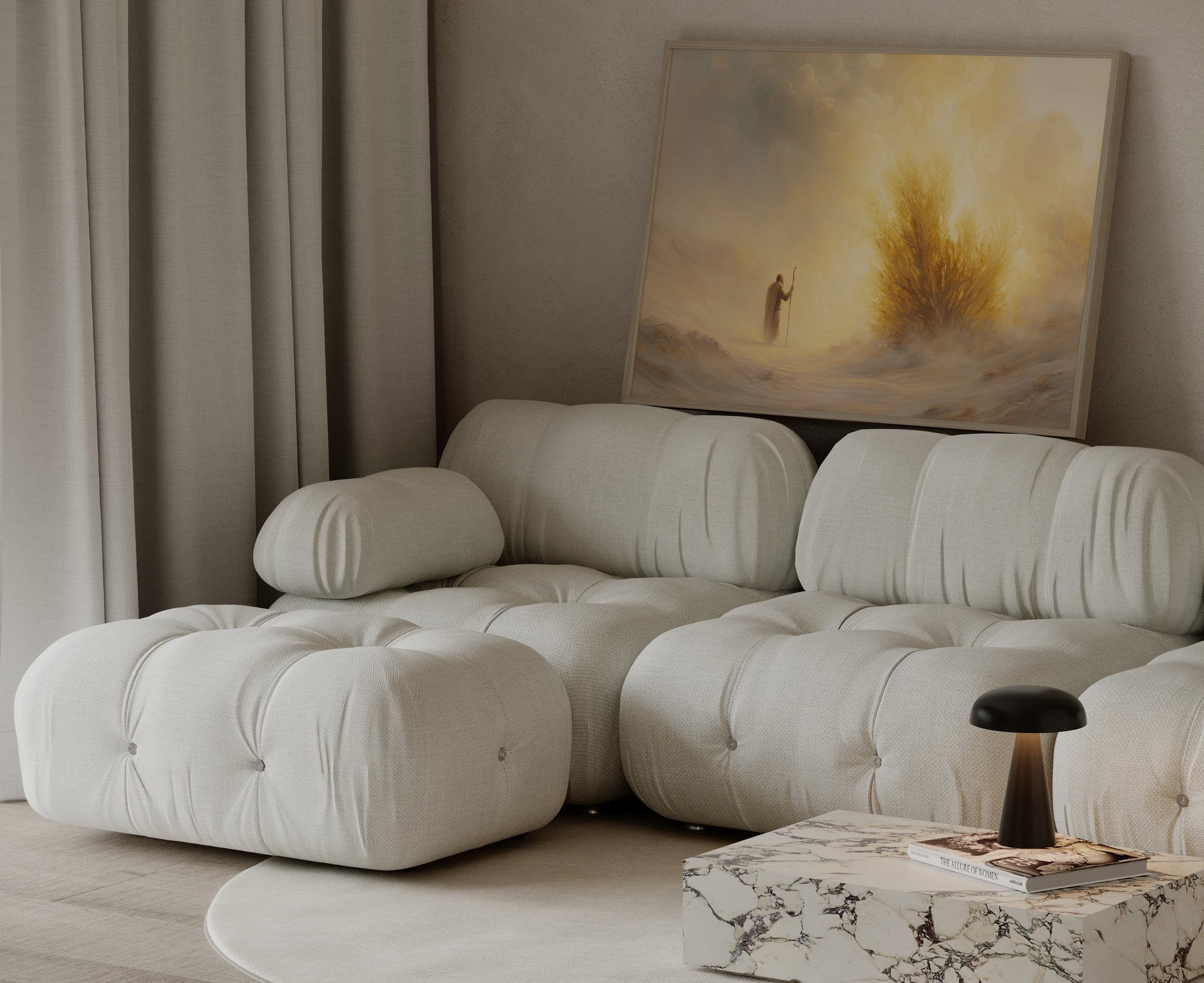 Soft-focus impressionist painting of Moses and the burning bush, featuring gentle tonal palette, textured brushwork, and ethereal light.