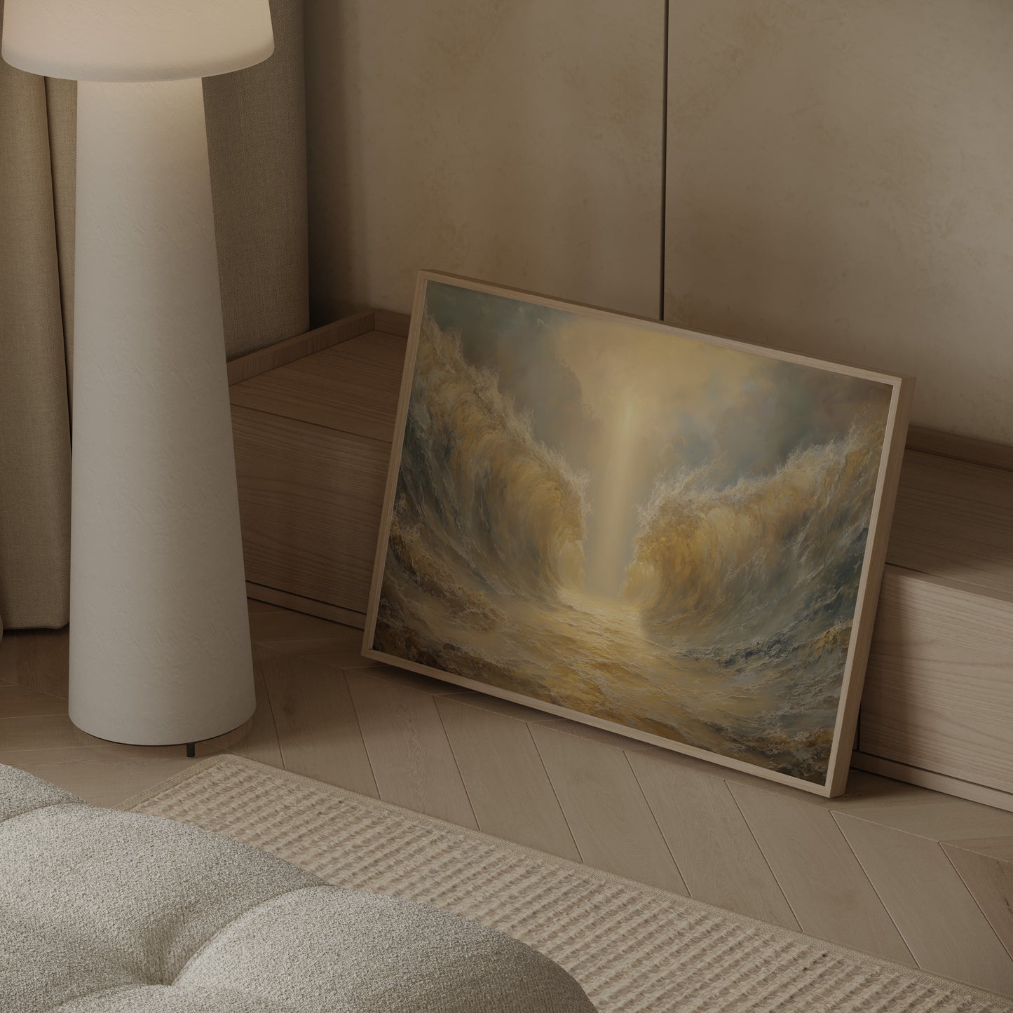 Modern impressionist painting of Moses crossing the Red Sea, with dynamic water movement, soft warm tones, and heavenly luminous glow.