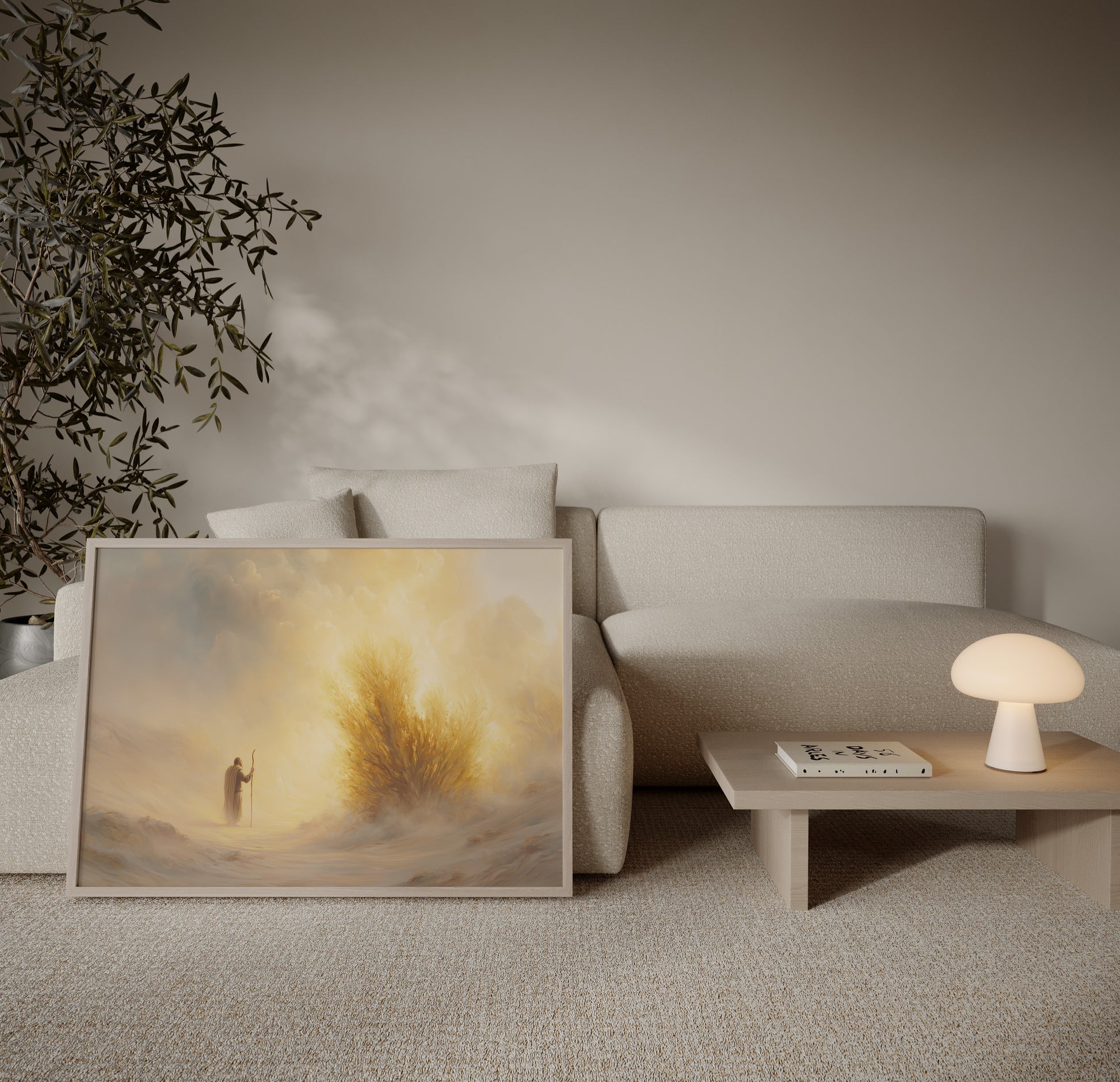 Modern spiritual painting of Moses encountering the burning bush, with muted creams and ochres, impressionist textures, and calm sacred light.
