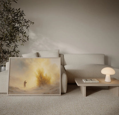 Moses standing before burning bush Exodus scene with warm desert tones – JesusArtworks