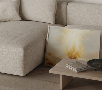 Tonalist spiritual painting of Moses encountering the burning bush, with muted warm tones, soft impressionist edges, and a serene ethereal atmosphere.