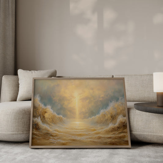 Modern impressionist painting of Moses parting the Red Sea, with dramatic waves, warm tones, and spiritual ethereal light.