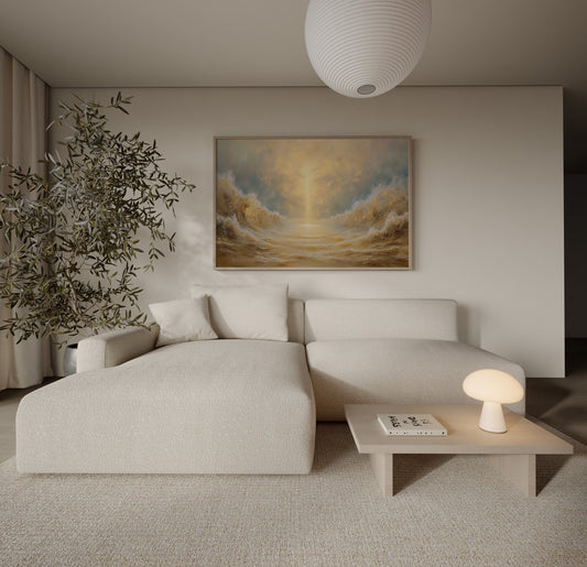 Christian artwork of Moses performing the miracle of the Red Sea, featuring soft impressionist textures, muted tonal colors, and divine light.