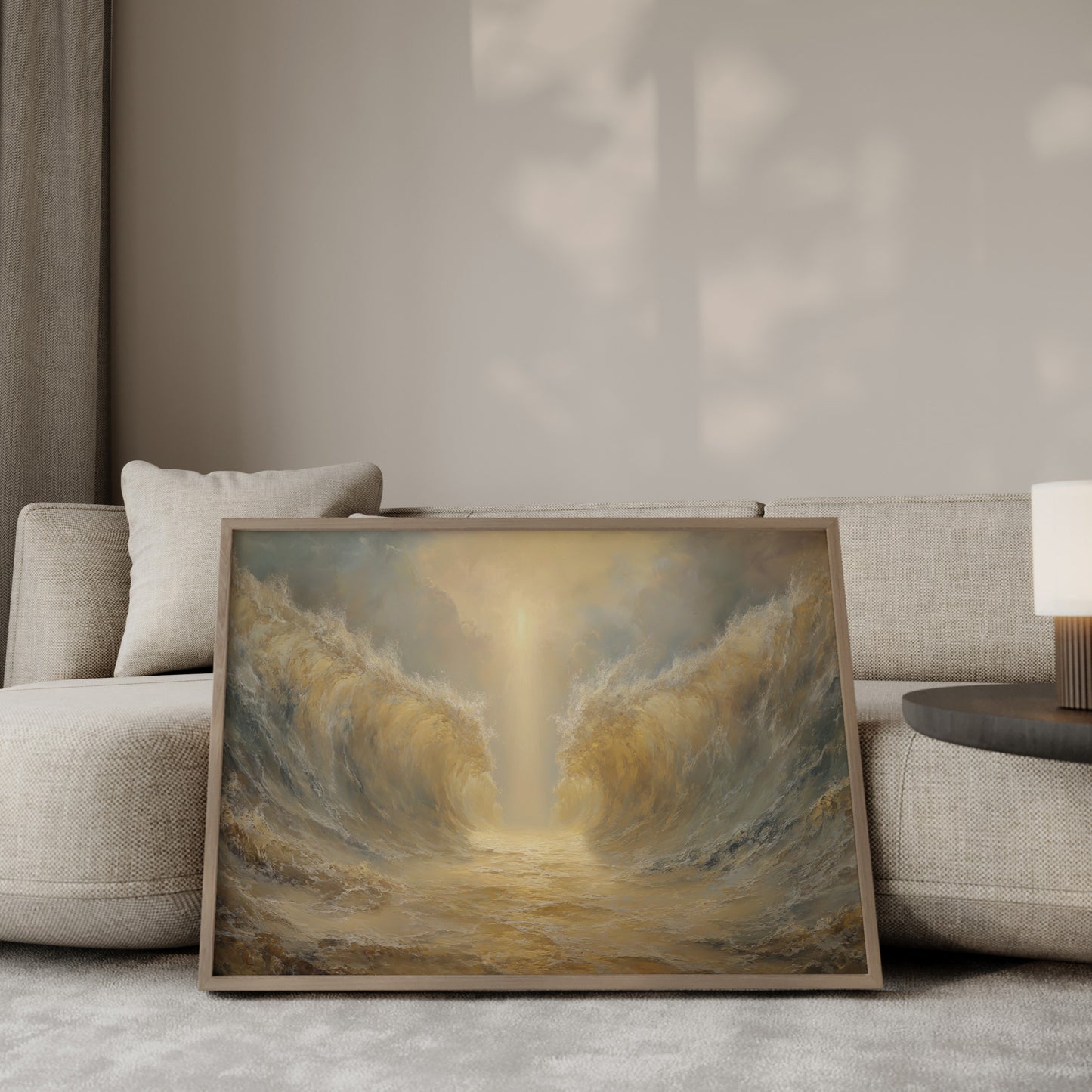 Ethereal impressionist painting of Moses performing the Red Sea miracle, with towering waves, muted warm palette, and soft spiritual light.