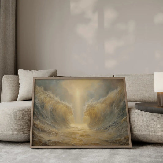 Miracle at the Red Sea wall art showing Moses parting waters in modern living room – JesusArtworks