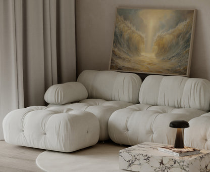 Ethereal modern Christian painting of Moses at the Red Sea, with impressionist brushwork, warm muted colors, and glowing spiritual illumination.